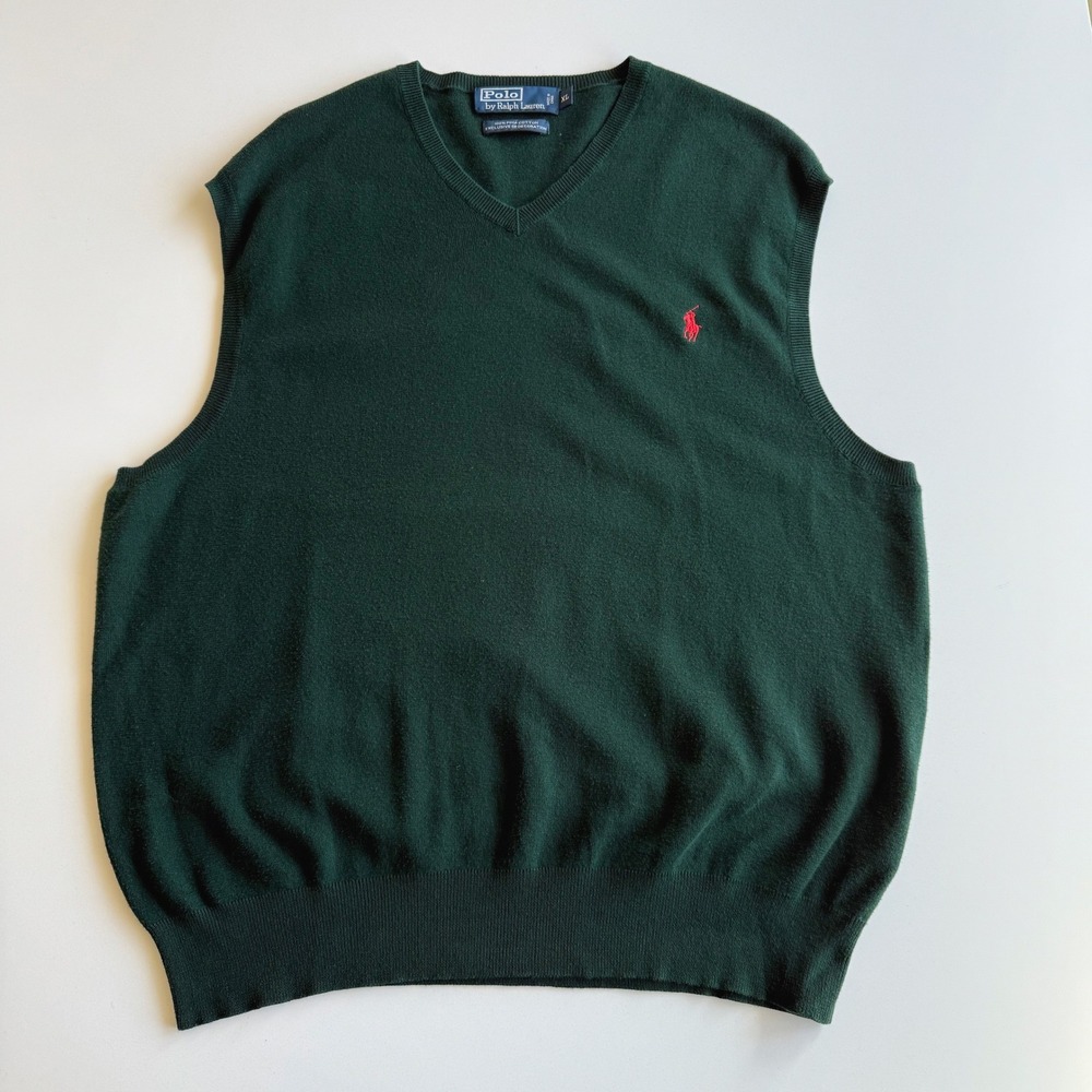 Polo Ralph Lauren VTG 100%‎ Pima Cotton Forest Green Red Pony V Neck Vest XL